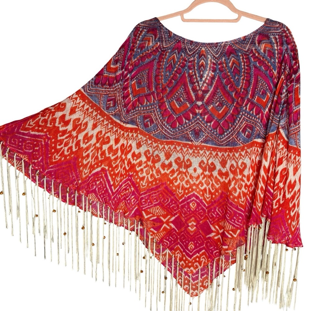 Chicos 100% Linen Beaded Fringe Poncho One Size Lightweight Boho Cover Top